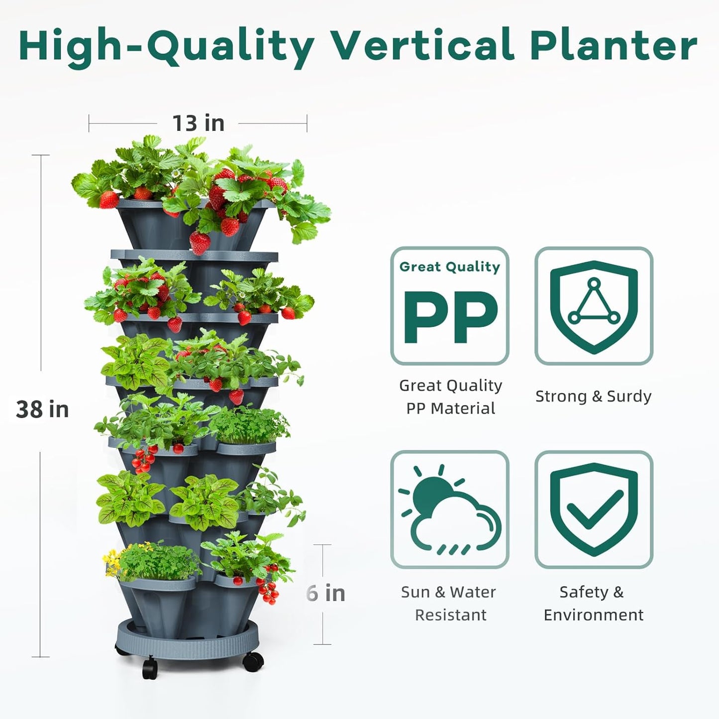 Strawberry Vertical Planters Tower Garden, 7 Tiered Stacking Herb Vegetable Planter with Support Pole Indoor and Outdoor - Dark Grey