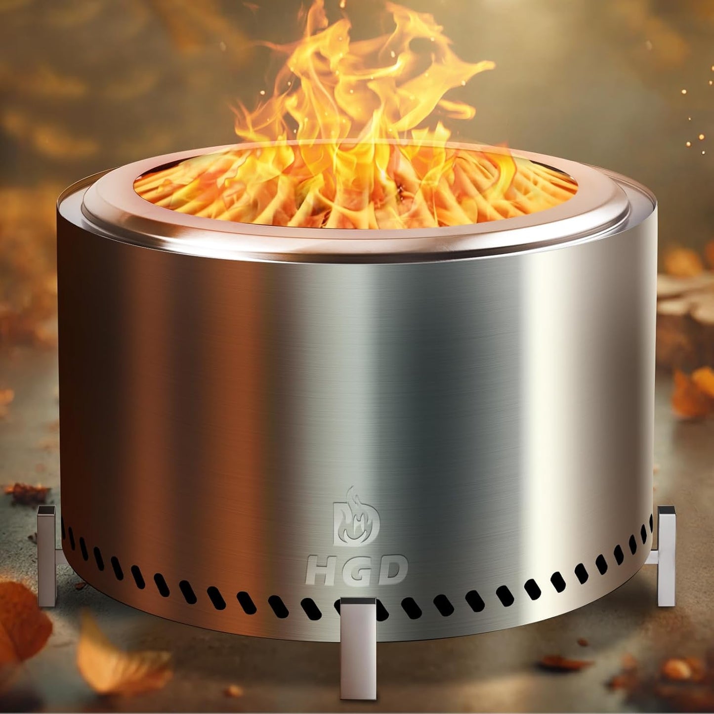 HGD 27.5" Smokeless Fire Pit with Stand, Stainless Steel Wood Burning Firepit for Friends & Family Gatherings, Secondary Combustion Outdoor Patio Stove for Garden BBQ & Bonfire