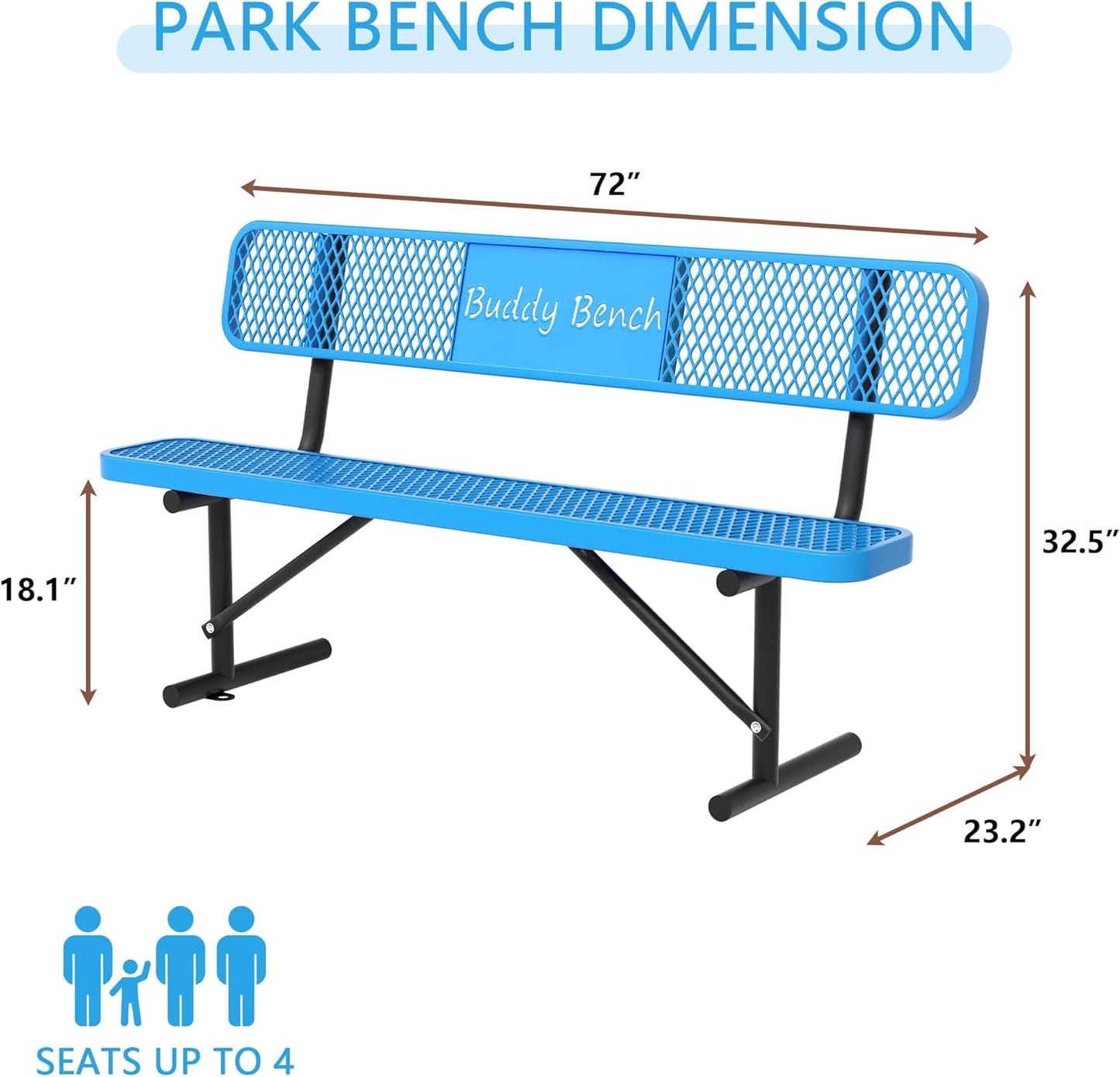 6 Feet Steel Park Bench for Outside, Outdoor Bench with Backrest & Portable Frame, Commercial Benches for Parks, School, Patio, Deck, Store,Blue