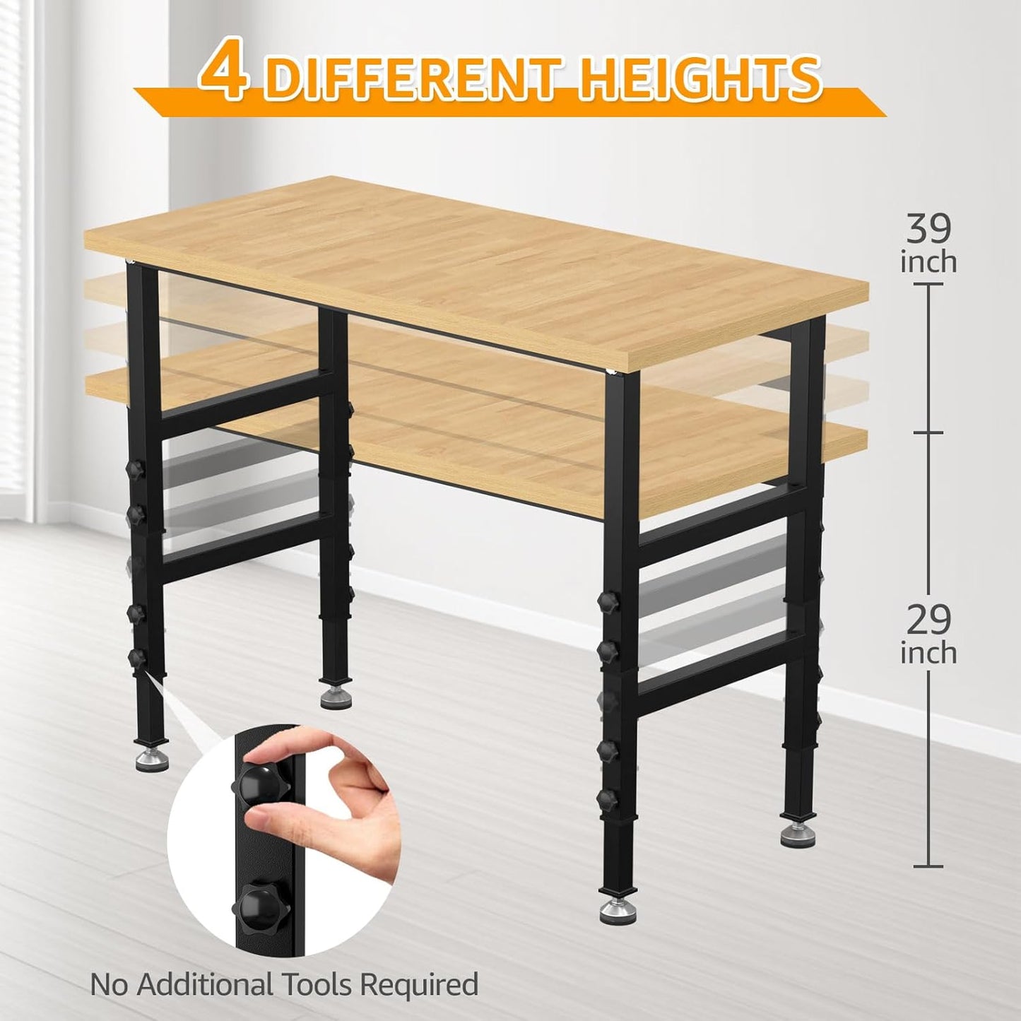 48" Adjustable Workbench,Heavy-Duty Work Table,3000 LBS Load Capacity Particleboard Hardwood Workstation with Fixed feet,for Workshop, Garage