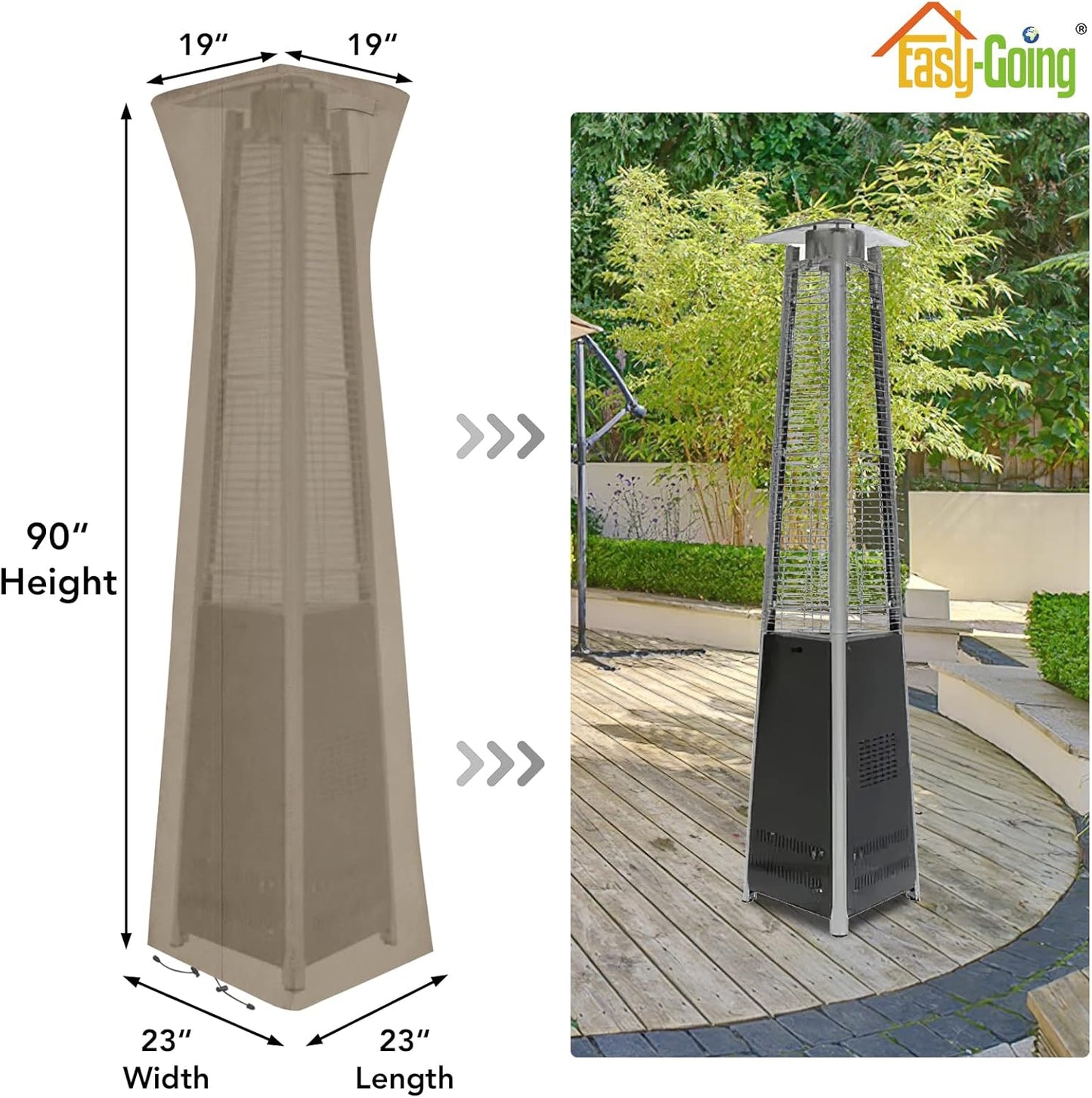 Easy-Going Pyramid Torch Patio Heater Cover with Zipper and Storage Bag, Waterproof Outdoor Heater Cover Dustproof, UV-Resisant, Wind-Resistant (90" H x 23" L x 23" W, Camel)