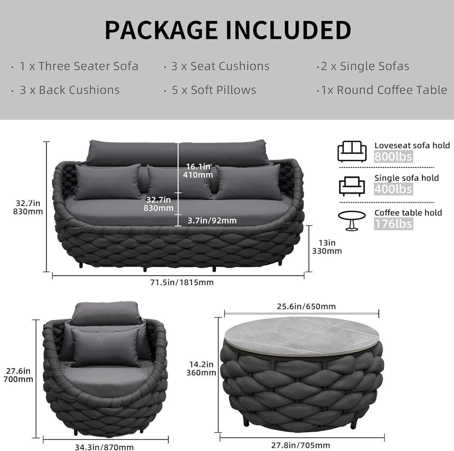 TWT Aluminum Patio Furniture Set Three Seater Sofa Outdoor Furniture Set w/Coffee Table,Patio Conversation Set with Hand Woven Polyester Rope for Bedroom Backyard Poolside, Dark Grey