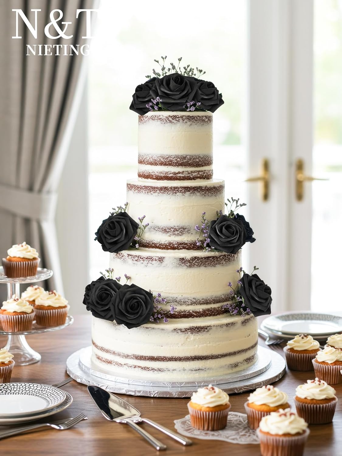 N&T NIETING Artificial Flowers Black Rose 25pcs Real Touch Flowers Perfect for for DIY Bouquets Wedding Party Baby Shower Home Halloween Decoration