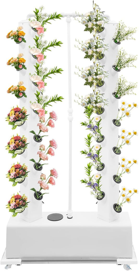 56-Pod Hydroponic Growing Tower, 7.9Gal Vertical Garden Kit with Timer, Hydroponic Growing Kit with Adjustable Water Pump & Wheels - Indoor/Outdoor Herb Vegetable Planter