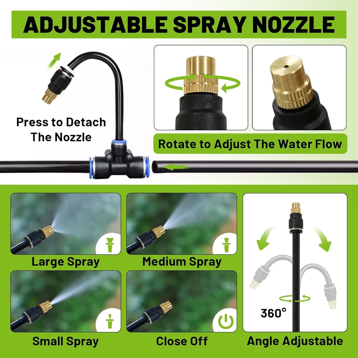 Drip Irrigation Kit - 100 FT. Hose Sprinkler System with 360° nozzles and T-connectors for Gardens, lawns, Plants, Flower beds, Trees, patios and hydroponics (Closeable nozzle-28)