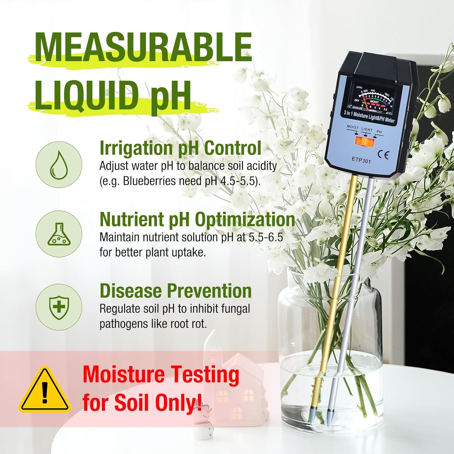 ALLOSUN Soil Moisture Meter for Plants, 4 in 1 Soil pH Tester/pH Meter for Water/Light Meter for Plants, Indoor, Garden, Farm, Lawn, No Battery Required