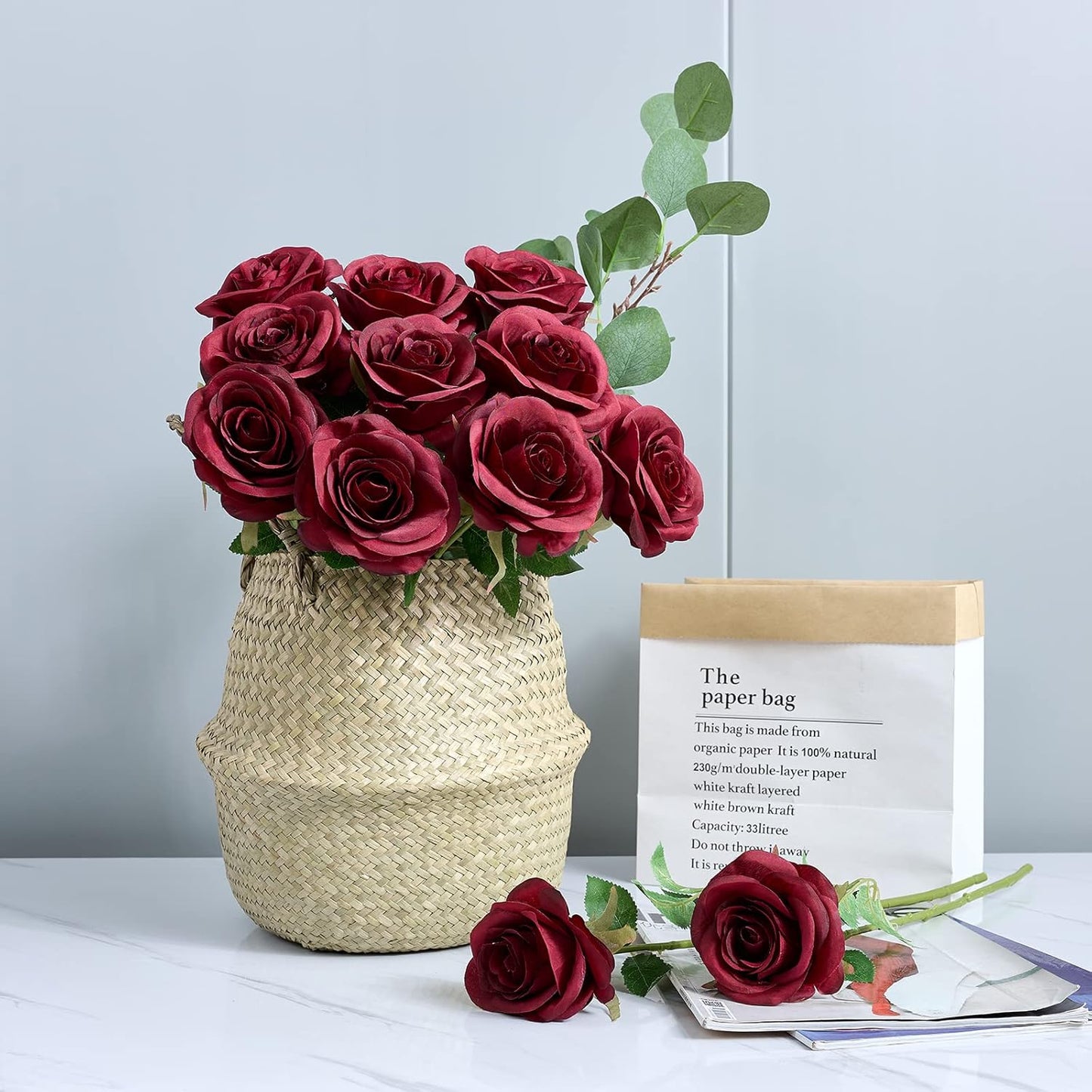 12pcs Roses Artificial Flowers Fake Roses Burgundy Silk Roses Wine Red Silk Flowers Rose with Long Stems for Wedding Home Party Centerpieces Decorations
