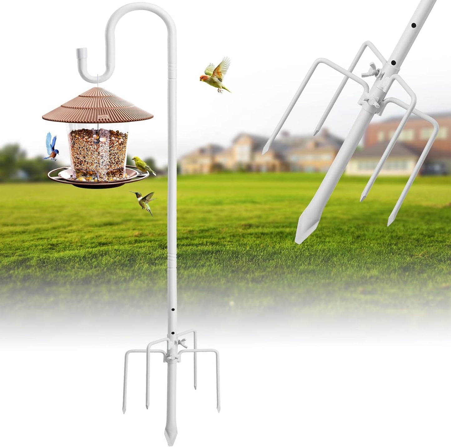 Hummingbird Feeder Stand Pole -30 inch Shepherds Hooks for Outdoor Garden Decor, 5 Prong Bird Feeder Pole for Hanging Birdfeeders,Plant,String Light - Heavy Duty Wind Chime Stand,Shepards Hook-White