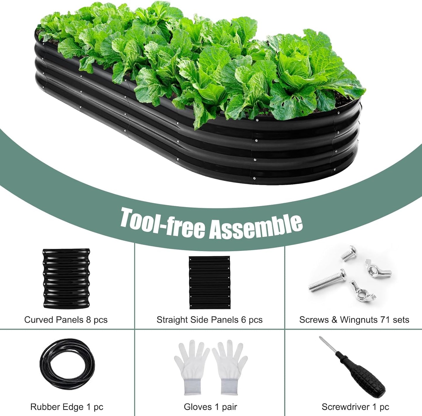 2Pcs 12" Tall Black Oval Galvanized Steel Raised Garden Bed - 7x3ft Modular Metal Planter Box for Outdoor Gardening, Durable Metal Raised Flower Beds Outdoor Large Planters for Porch & Yard