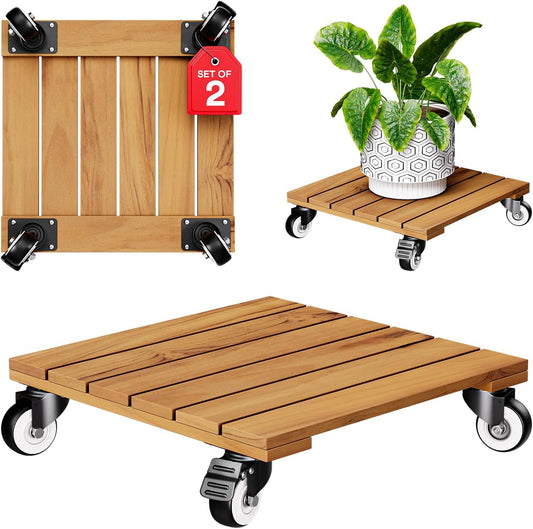 Idzo 2-Pack 12 Inch Acacia Wood Rolling Square Plant Caddy for Plant Pots, Heavy Duty Plant Stand with 360° Lockable Wheels, 264 lbs Capacity Caddy for Indoor and Outdoor Use, Natural Wood