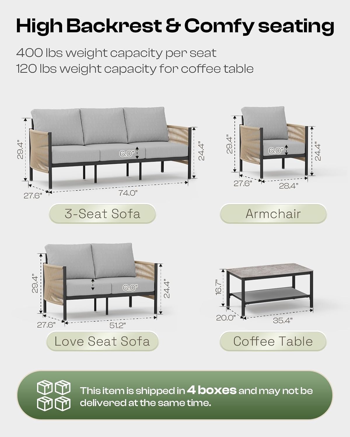 Aluminum Outdoor Sofa Armchair, HDPE Rope Patio Couch with Washable Thick Cushion, All-Weather Outdoor Patio Chairs Set of 2 for Balcony, Yard, Gray Frame, Gray