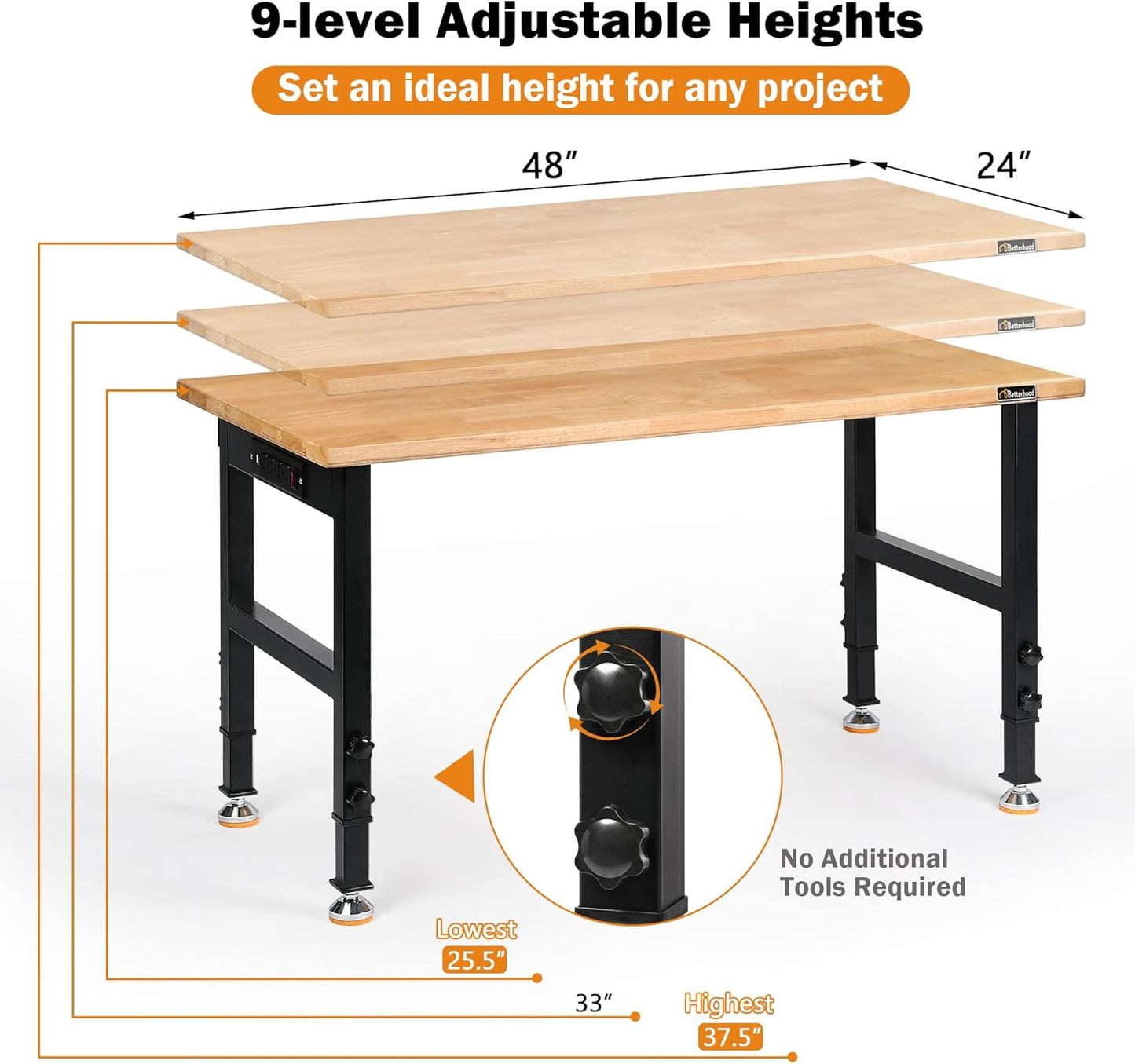 Adjustable Height Workbench, 48" Rubber Wood Top Heavy Duty Workstation with Power Outlets, 2000 LBS Load Capacity Hardwood Worktable for Workshop, Garage, Office, Home, Commercial