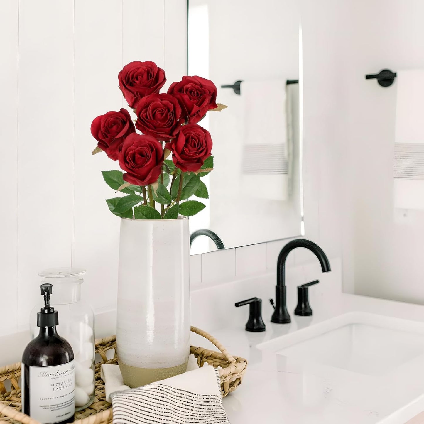 Briful Red Artificial Roses – 6PCS 18.9" Silk Rose Faux Flowers with Long Stems Realistic Fake Rose Bouquet for DIY Wedding Arrangements Table Vase Centerpieces Home Event Decor