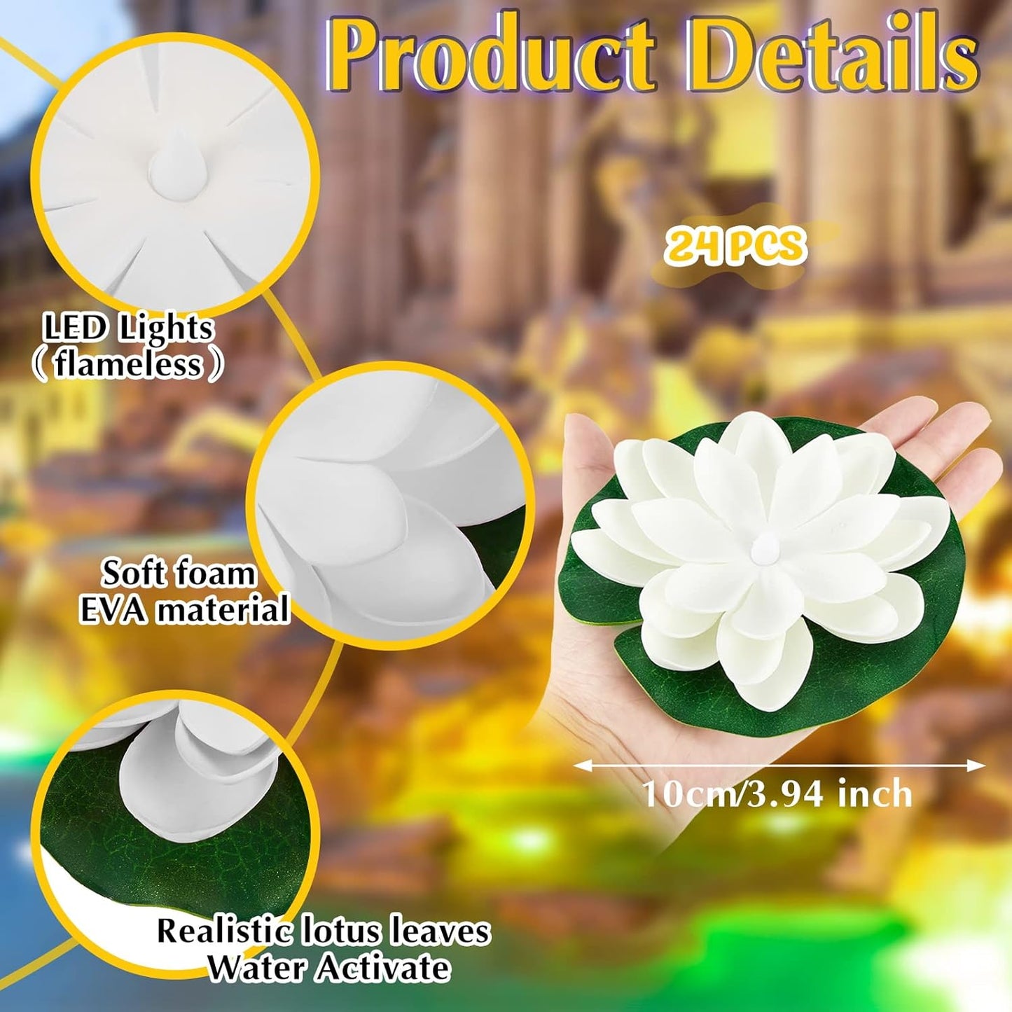 Liliful 24 Pcs Diwali Lotus Decoration Pool Floating Lights, Artificial Flowers Lotus with LED,Lily Pads Water Lantern for Indian Puja Home Decoration(3.94 Inch,White)