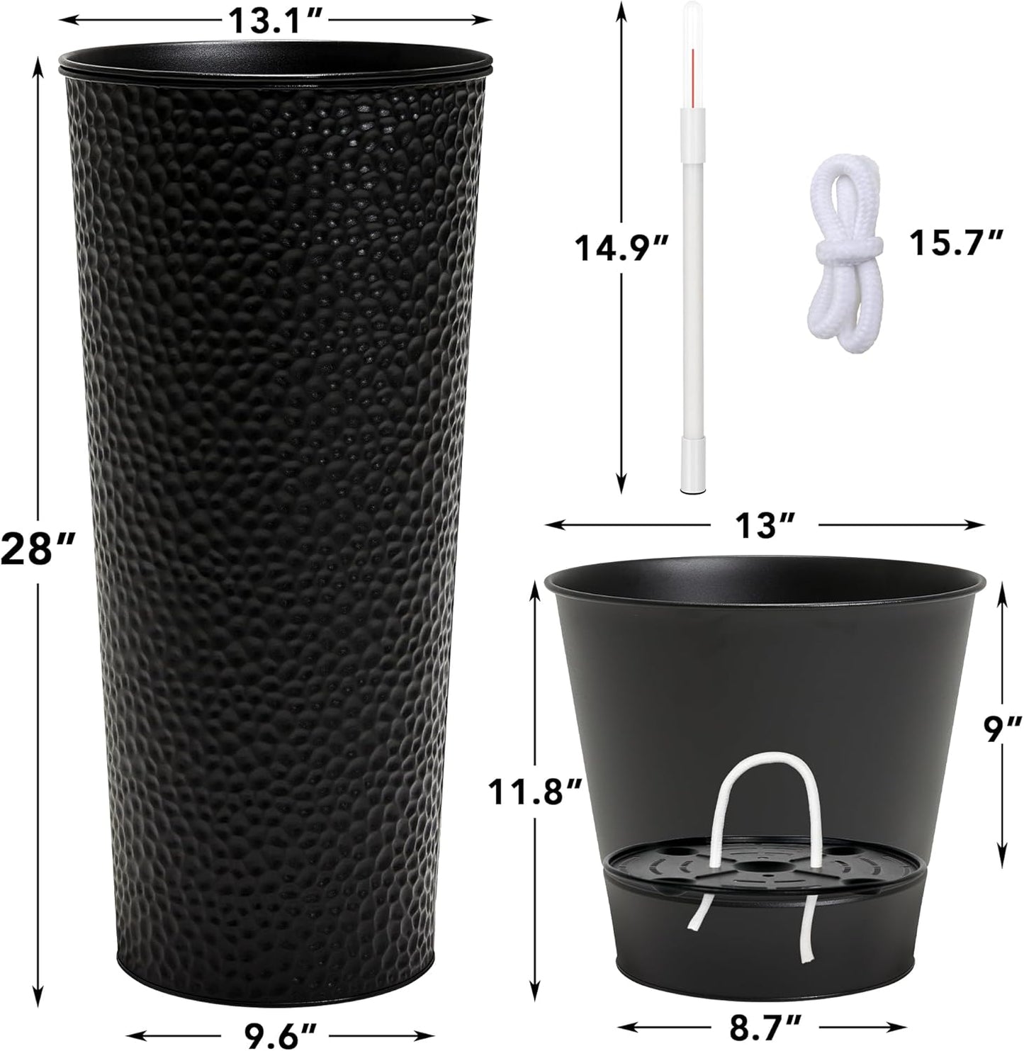 KOL 28" H. Tall Metal Cone Planters with Inside Pots 2-Pack, Black Hand-Hammered Large Decor Planter for Deck, Patio, Porch - Handcrafted Flower Pot - with Water Level Indicator - Indoor Outdoor Use