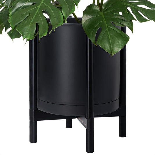 D'vine Dev Planter Pot with Stand - 16 Inch Plastic Cylinder Flower Pot with Wood Planter Holder for Indoor, Matte Black Pot + Ebony Stand, 55-C-Z-2