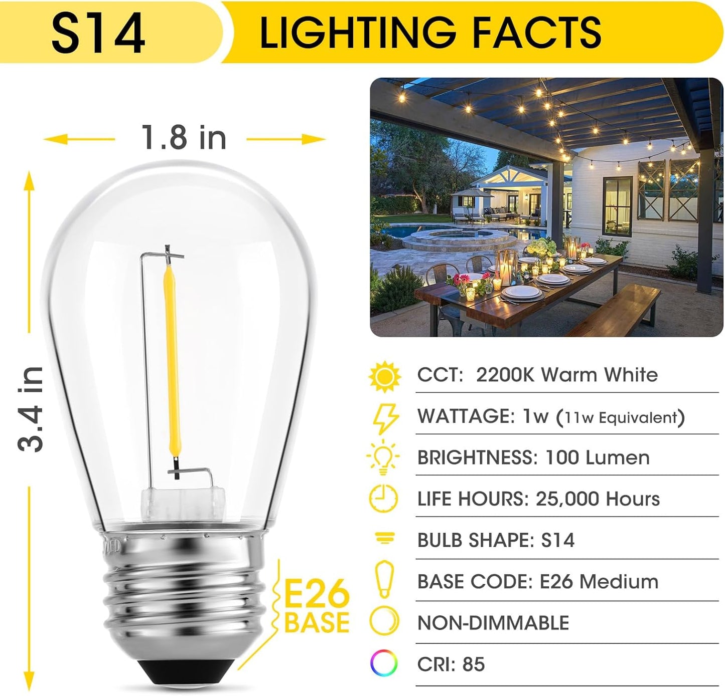 Meconard 24-Pack LED 1W String Light Bulbs, S14 Plastic Shatterproof Edison Vintage Style Replacement 1 Watt Outdoor Light Bulbs 2200K, Waterproof, Warm White Equivalent to 11w, E26 Base