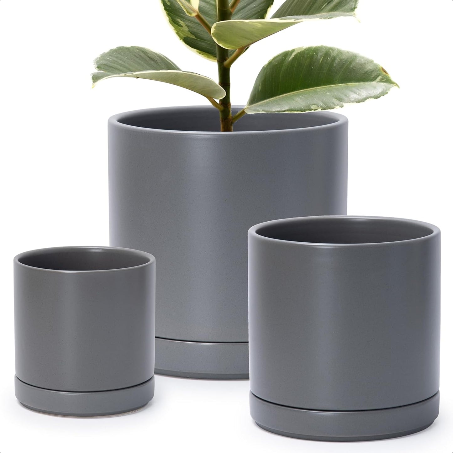 D'vine Dev 6 Inch & 8 Inch & 10 Inch, Set of 3 Round Ceramic Planter Pot with Drainage Hole and Saucer, Grey, 94-T-L-3
