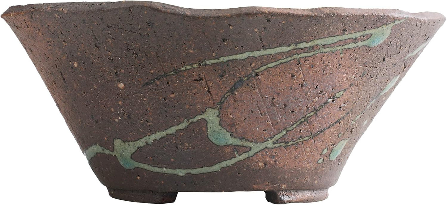 Wazakura Tokoname Series Handmade Ceramic Rustic Tatara Style Bonsai Pot with Drainage Hole 6.3 in (160mm) Made in Japan, Garden Planter, Flower Vase, Houseplant Centerpiece