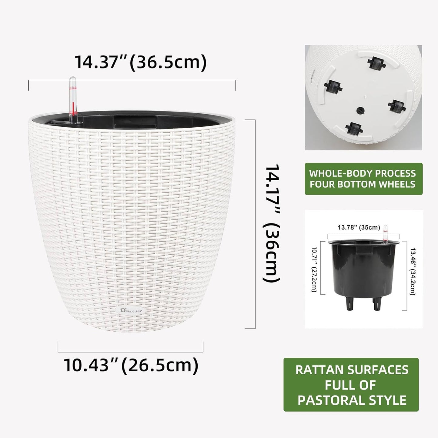 Dexceder 15x14 Rattan Self Watering Planter with Wheels Indoor Outdoor, Inner Pot Design, Thickened Large Floor Standing Flower Plant Pot with Water Level Indicator (Ivory White)