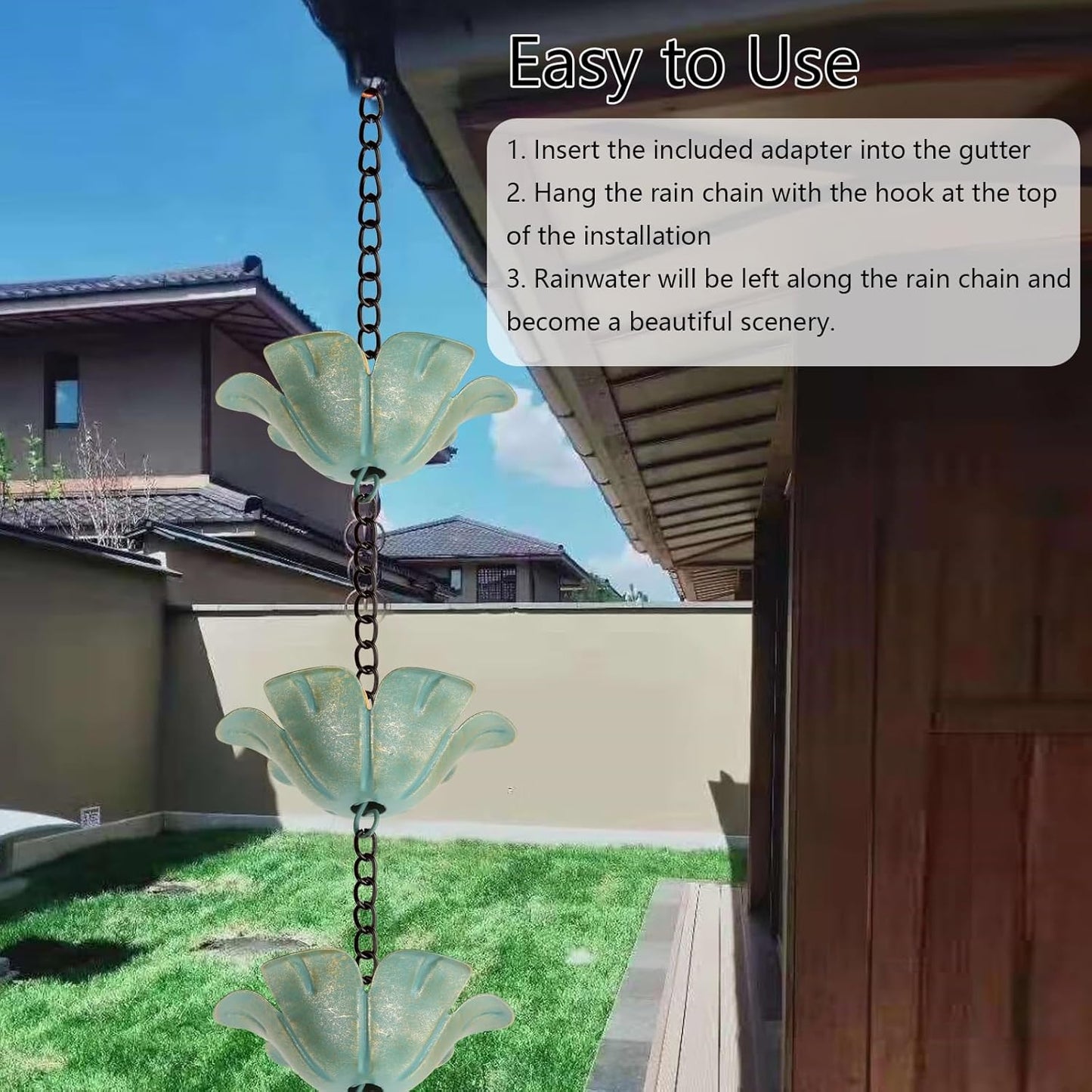 9FT Rain Chain Set with Adapter, Anti-Rust Rain Chain for Ouutside, 16 Flower Rain Chain for Gutter,Garden Decoration Rain Chain, for Family,Friends (Light Blue)