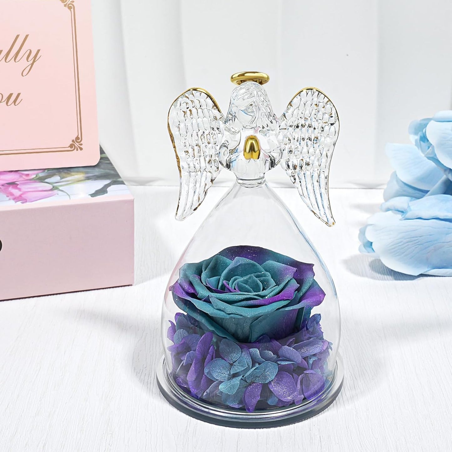 Yamonic Valentines Day Gifts for Her, Angel Figurines with Real Rose Gifts for Her Mom Grandma, Preserved Flowers Rose Angel Figurines for Mothers Day Christmas Anniversary Birthday Gifts for Her