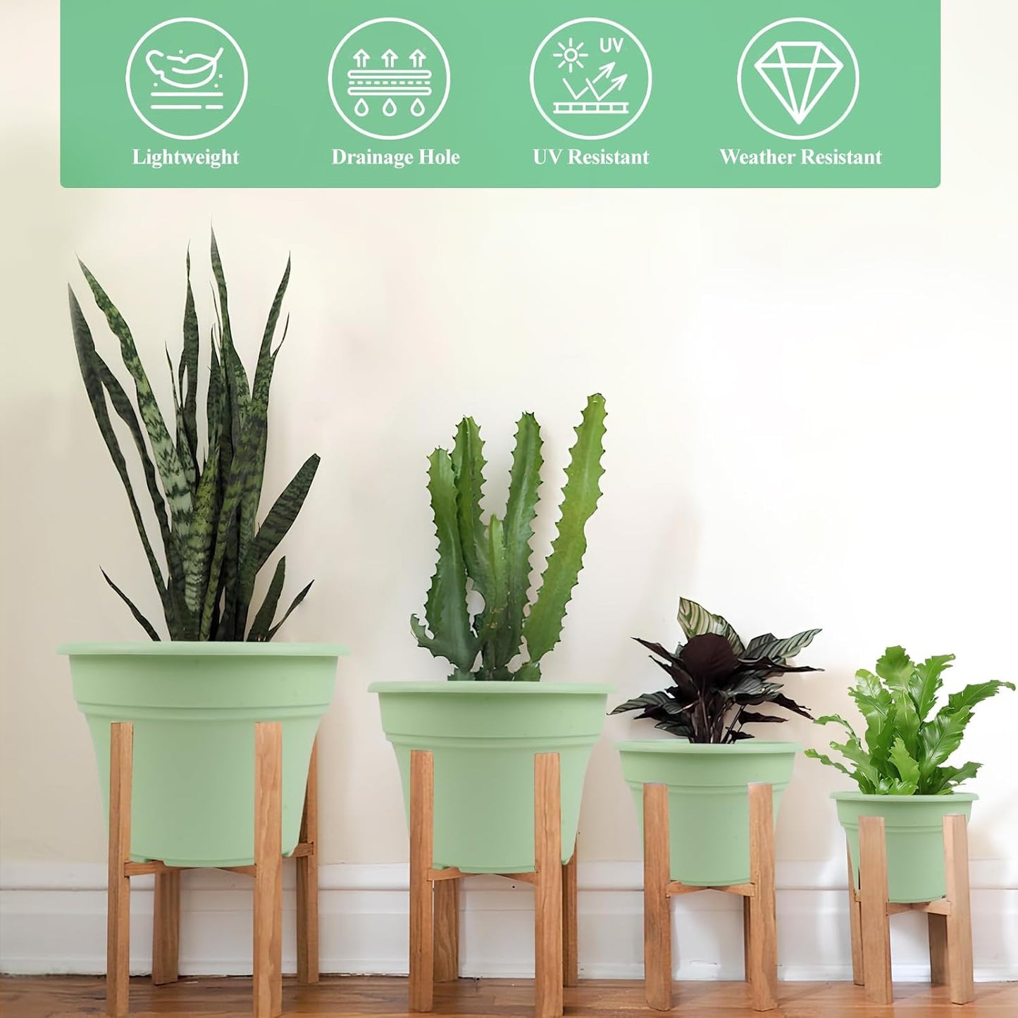 10 Inch Plastic-Flower-Pot-for-Indoor-Plants, 4 Pack Large Outdoor Planter Pot with Drainage Holes & Saucers, Resin Decorative Garden Pots Planters