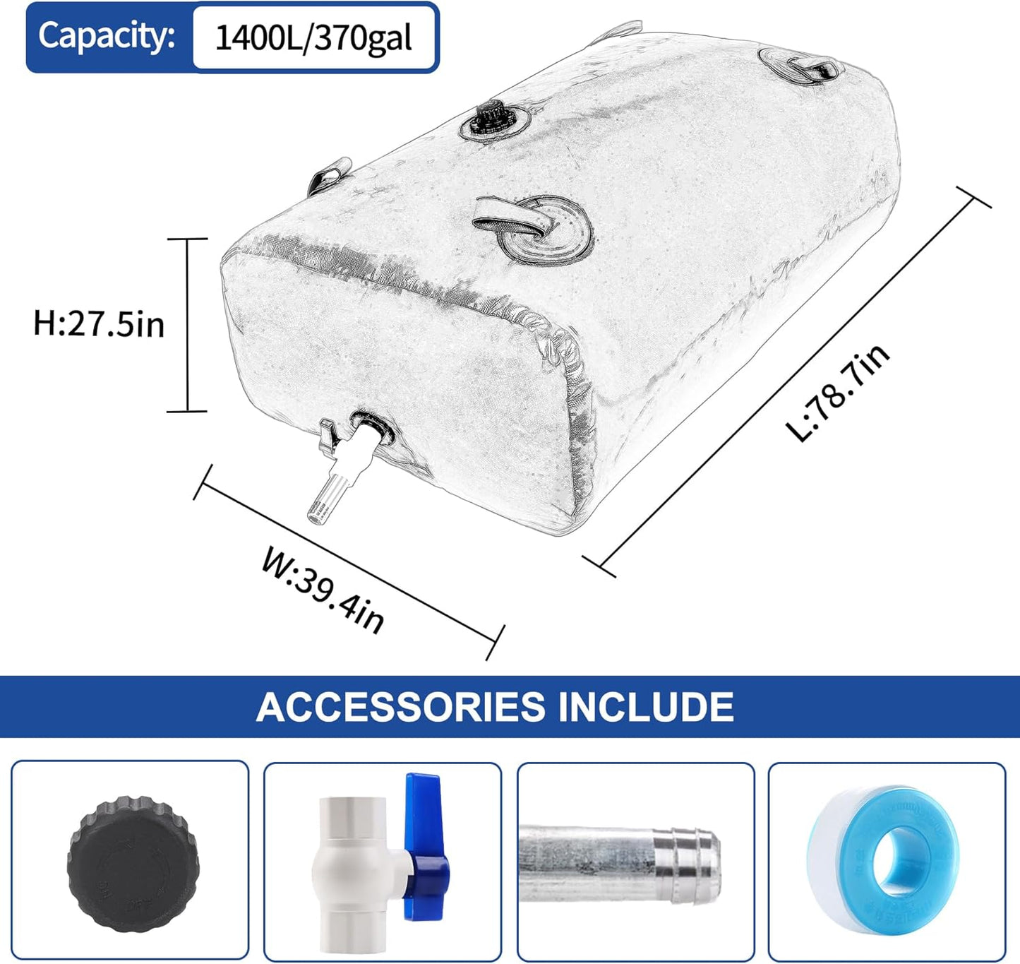 1400 L/370 Gal Water Bladder Tank, Foldable Portable Water Storage Container, Emergency Water Bag for RV, Truck Bed, Fire Prevention, Drought Resistance, Blue