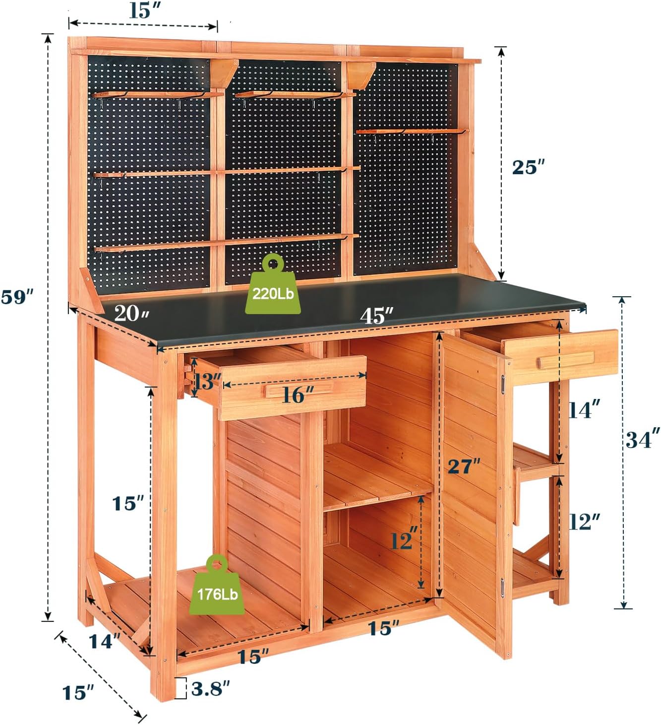 Outdoor Potting Bench,Wooden Potting Table with Metal Tabletop,Garden Work Bench with Drawer and Free Matching Storage Cabinet Shelf/Hooks for Backyard,Patio,Greenhouse (Black, 40 * 59 * 20in)
