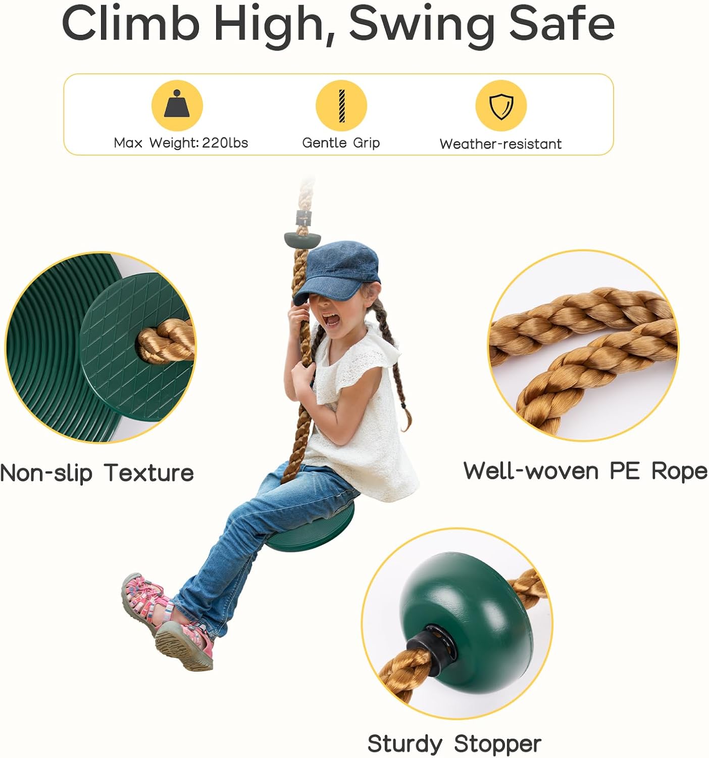 DECORLIFE Tree Swing for Kids, Adjustable Rope Swing Disc Swing for Outside with Platform Carabiners and Strap Outdoor, Playground Accessories, Green