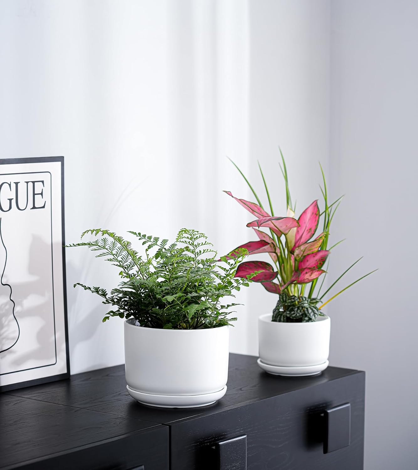 Ton Sin Plant Pots, 4.1+5.1+6.5 inch, Set of 3, Ceramic Planters with Drainage Hole and Saucer, Indoor Flower Pot with Hole Mesh Pad, Gifts for Mom（Matte Black）