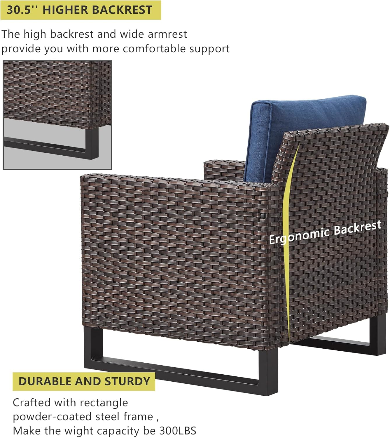 HUMMUH Patio Chairs Set of 2 PE Wicker Outdoor Dining Chairs High Back Deep Seating Porch Chairs with 4inch Seat Cushions