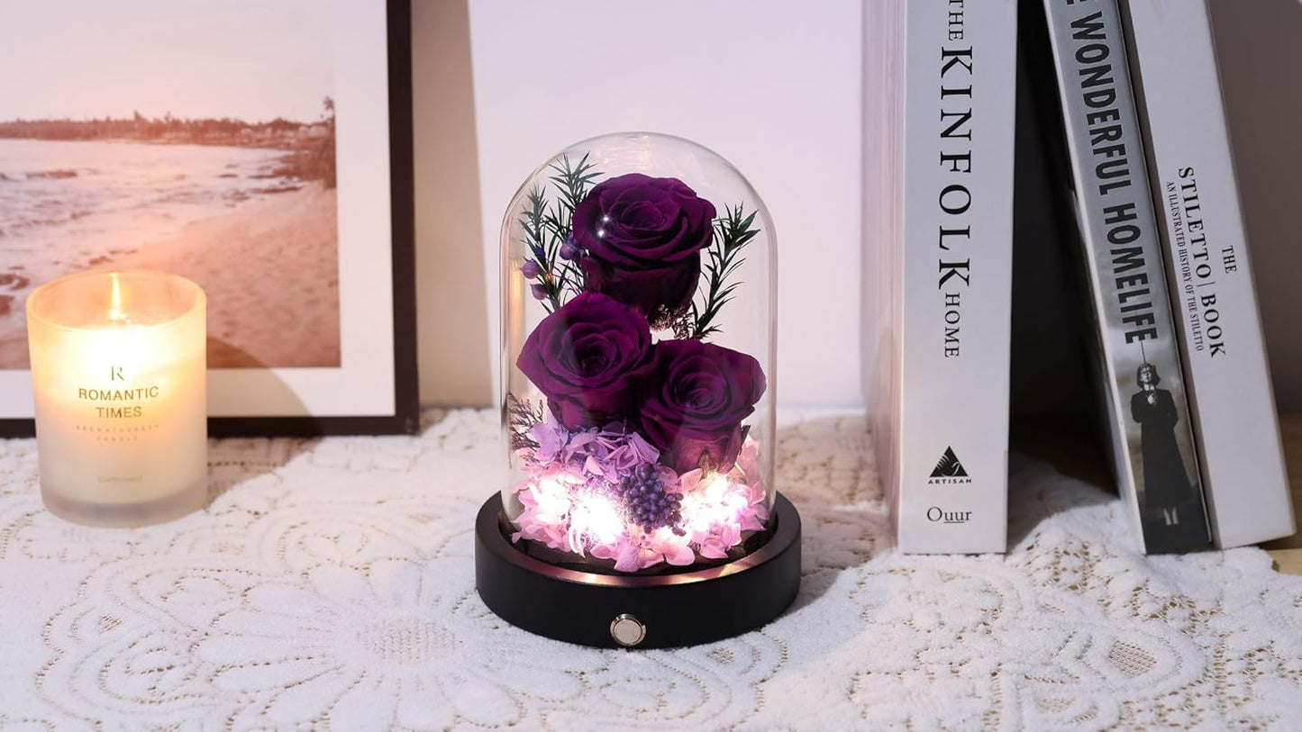 Flowers Roses Gifts for Mom, Purple Preserved Roses in Glass Dome, Mothers Day Valentines Day Anniversary Birthday Flowers Gifts for Wife Girlfriend Women Mom Her Mother