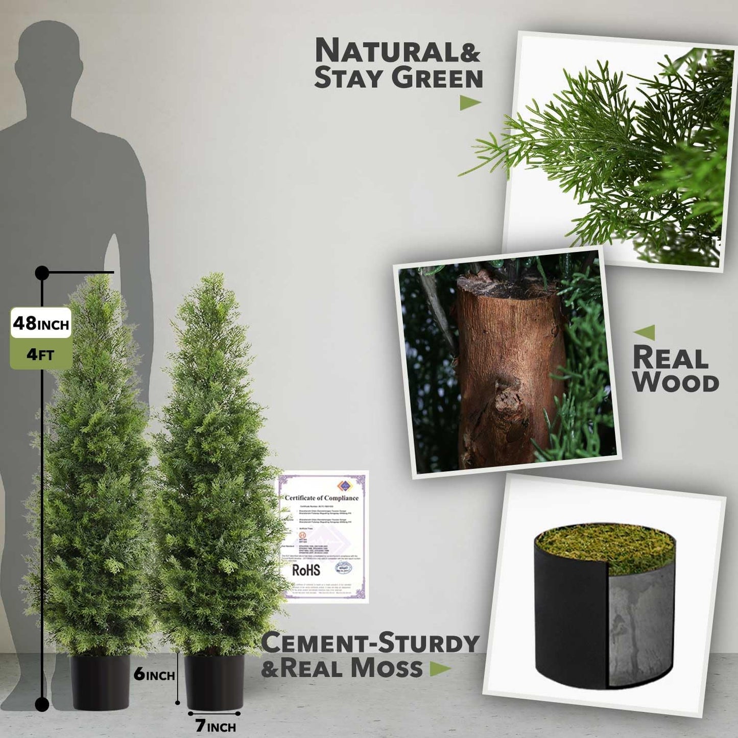 Aveyas 4ft Artificial Cedar Topiary Trees for Outdoor Front Porch Door, 4 Feet Faux Potted Plants Evergreen Fake Pine Cypress Tree for Outside Home Decor (4 ft Tall) - Set of 2 Pack