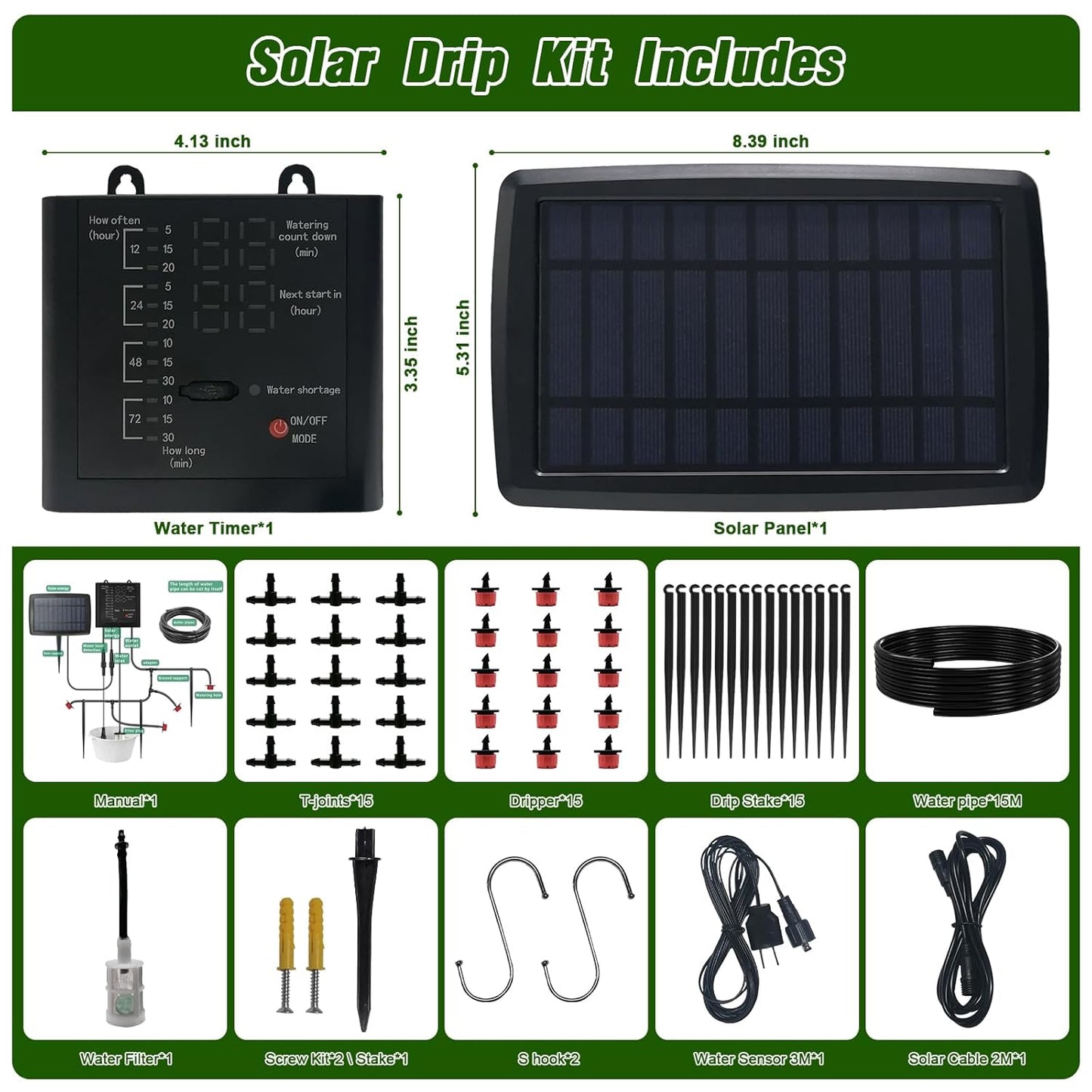 Solar Drip Irrigation System for Garden, Automatic Drip Irrigation Kits,Plants Self Watering Devices for Vacation,Solar/Battery Powered Water Pump for Potted Plants,Raised Beds,Greenhouse (15 Pots)