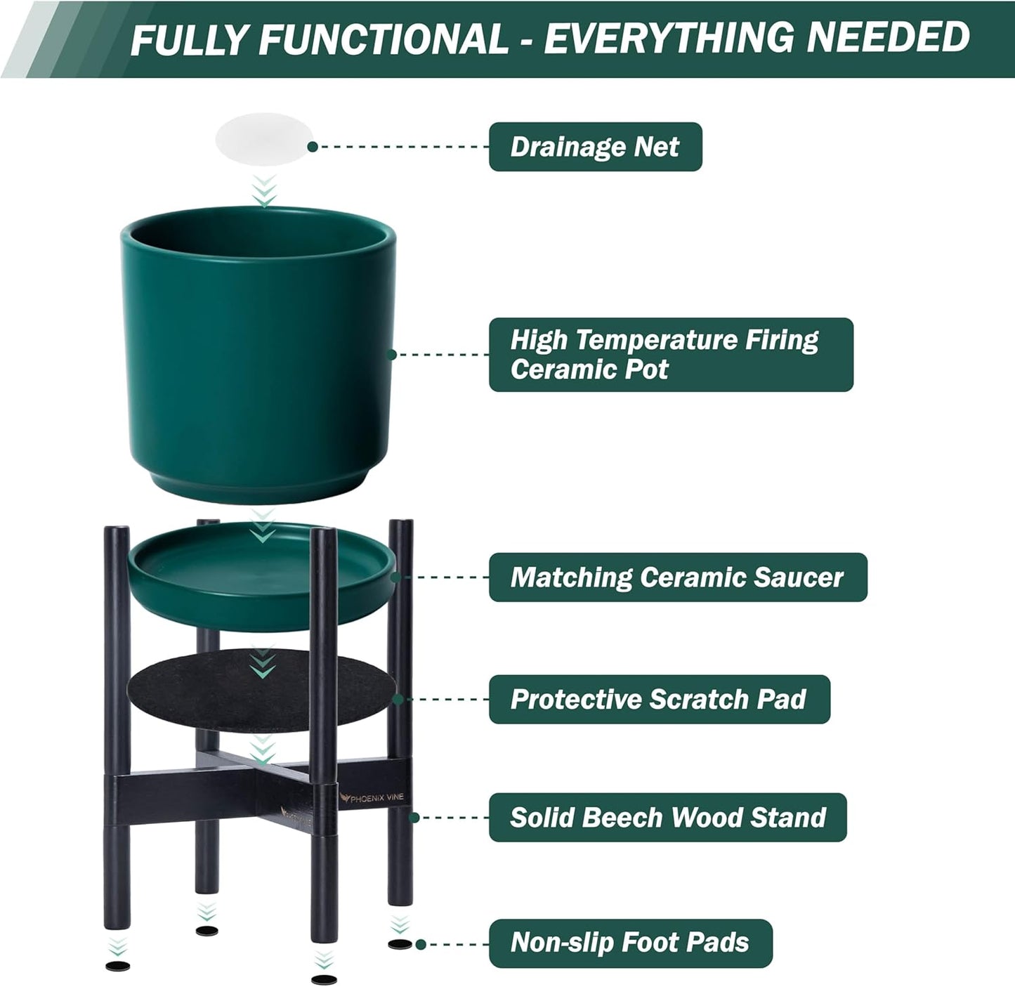 D'vine Dev Ceramic Planter with Ebony Stand - 10 Inch Modern Round Flower Pot with Wood Planter Holder, Teal, 55-B-L-4