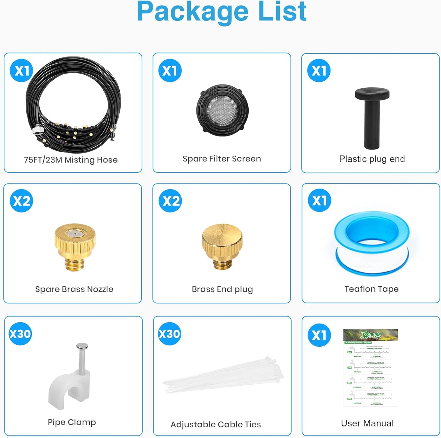 Bonviee Misters for Outside Patio - 75FT Misting Cooling System with 28 Brass Nozzles and 3/4" Adapter, 23M DIY Outdoor Misters Kit for Garden, Greenhouse, and Patio Cooling