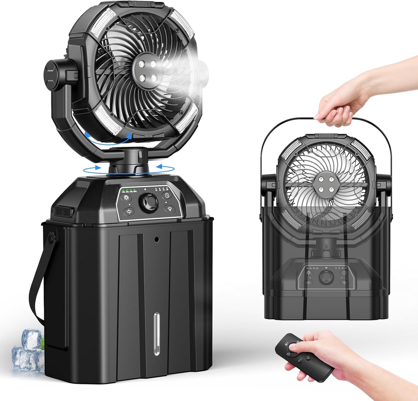 Misting fan with 7L bucket 90°Oscillating ,4 Spray Mister 25000mAh Rechargeable Camping fan with Remote Control Stepless Speed and Timer for Patios/Camping，Waterproof Design Outdoor Fans (Black)