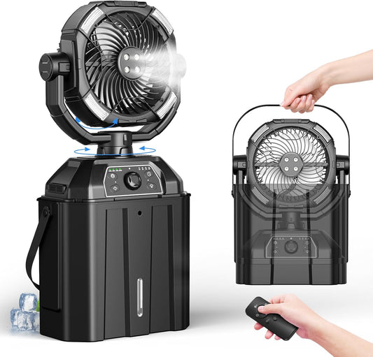 Misting fan with 7L bucket 90°Oscillating ,4 Spray Mister 25000mAh Rechargeable Camping fan with Remote Control Stepless Speed and Timer for Patios/Camping，Waterproof Design Outdoor Fans (Black)