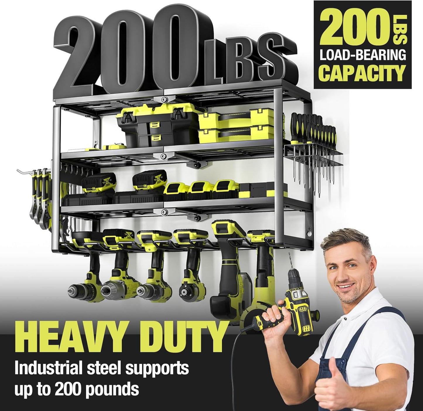 4 Layer Power Tool Organizer Wall Mount, Battery Tools Holder with Charging Station Shelf, Cordless Drill Hanger Storage Rack for Garage Organization, Workshop, Pegboard - 24 Inch 6 Slots