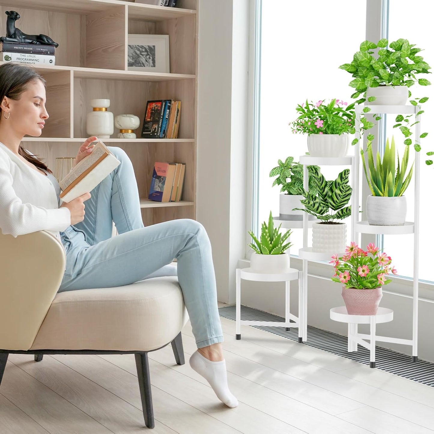 iDavosic.ly Plant Stand Indoor Outdoor, 7 Tier Corner Metal Flower Display Holder Shelf, Folding Tall Orchid Rack for Patio Balcony Porch Garden Living Room House, White