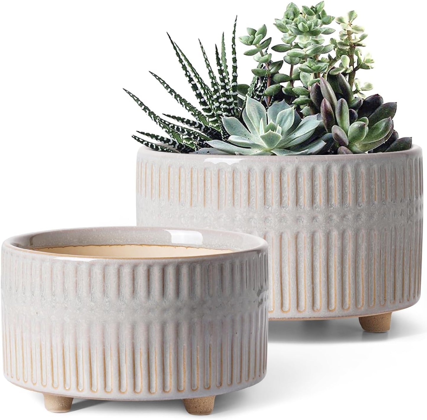 LE TAUCI Succulent Pots, 6.5+8 Inch Ceramic Indoor Plant Pot with Drainage Hole, Shallow Round Succulent Planters, Set of 2, Reactive Glaze Star White
