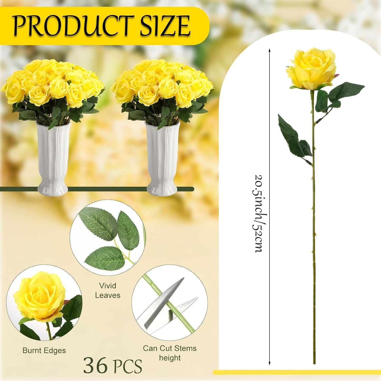 36 Pcs Silk Yellow Rose Bouquet Bridal Artificial Flowers,Fake Rose Long Stem Realistic Flowers Bulk for Wedding Bouquet Ball Arrangement Centerpiece Party Decor