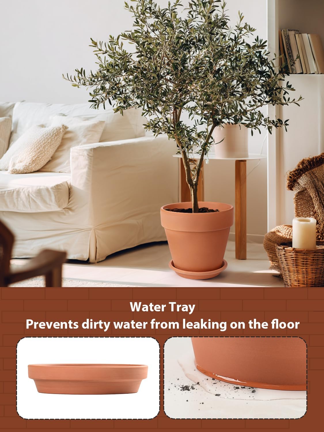 INGOFIN 12 Inch Terracotta Pot with Saucer - Ceramic Clay Pot for Plants with Drainage Hole, Large Terra Cotta Flower Planter with Tray for Indoor Outdoor Plants