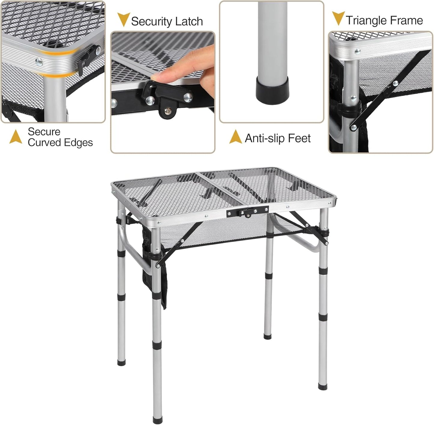 REDCAMP Small Folding Grill Table for Outside, 2Ft Lightweight 4 Height Adjustable Portable Metal Table with Mesh Desktop, Outdoor Table for Camping Picnic Beach and BBQ, Silver