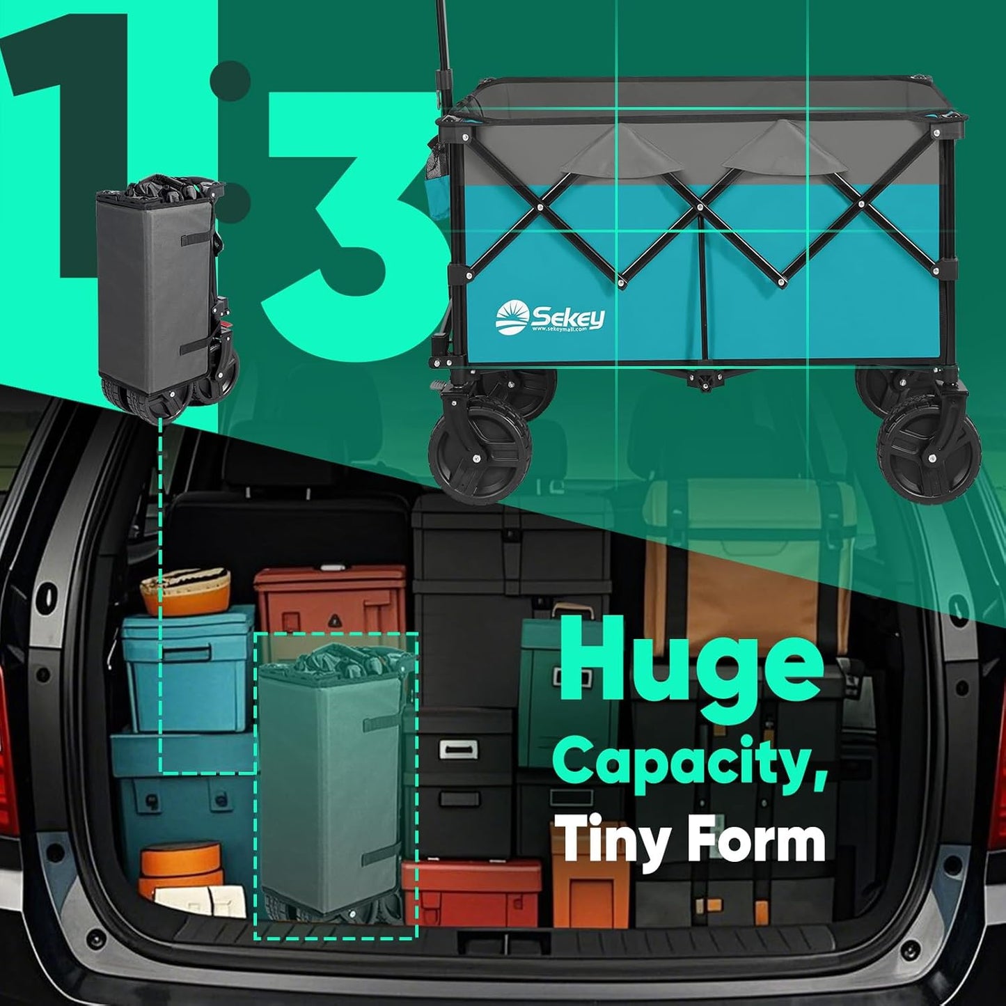 Collapsible Wagon Cart with Big All-Terrain Beach Wheels, Foldable Heavy Duty Wagons with Cup Holders, Utility Carts for Camping, Garden, Outdoor, Grocery, Sports. Turquoise