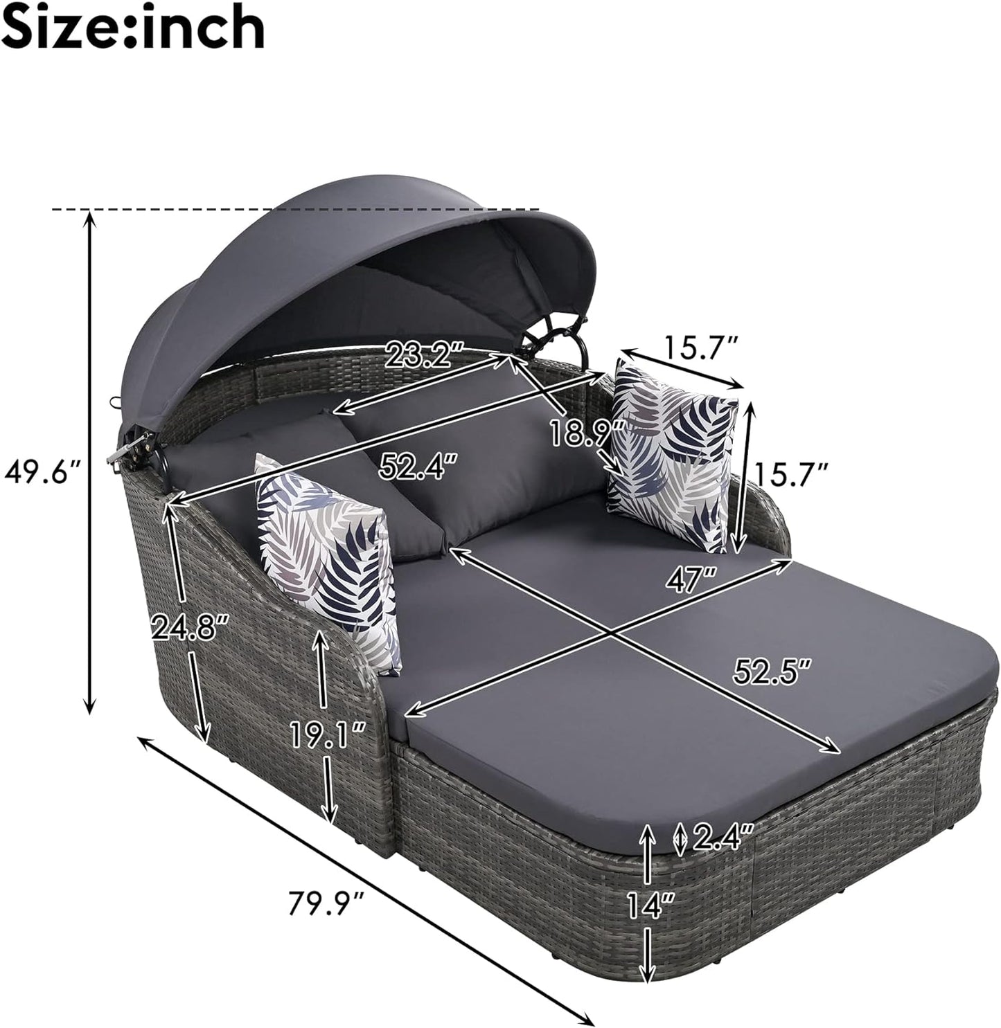 kevinplus Outdoor Patio Sunbed Daybed Double Lounge with Adjustable Canopy for Garden Backyard Pool, PE Rattan Wicker Material & Moveable Cushion Cover, Gray
