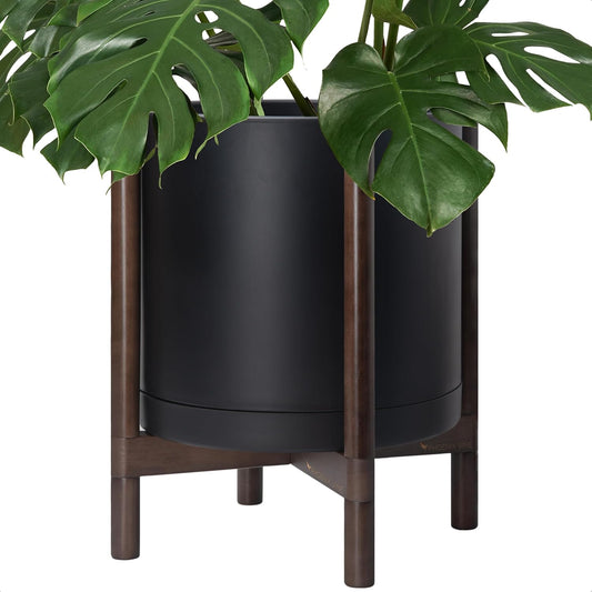 D'vine Dev Planter Pot with Stand - 16 Inch Plastic Cylinder Flower Pot with Wood Planter Holder for Indoor, Matte Black Pot + Walnut Color Stand, 55-C-X-2