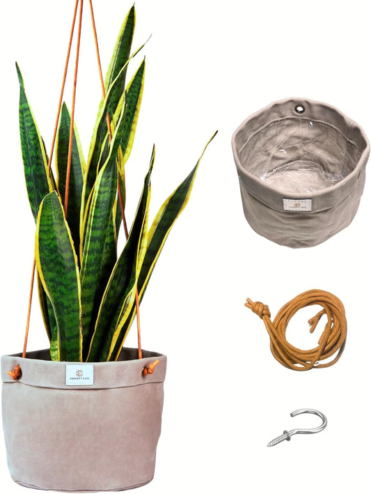 Large Waxed Canvas Handmade Hanging Planter for Indoor/Outdoor Plants, Hanging Basket Plant Holder Stone Gray with Hook