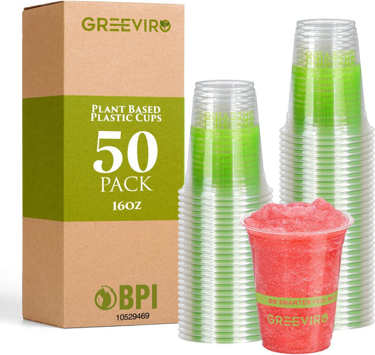Eco Compostable Plant-Based Clear Plastic Cups 16oz Thick, Reusable, Disposable Iced Coffee Cups for Smoothies, Beer & Any Beverages for Parties, Weddings & Gatherings (16oz)